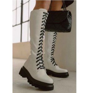 !! NEW !! Knee High Lack Up Combat Boots with Side Zip in White